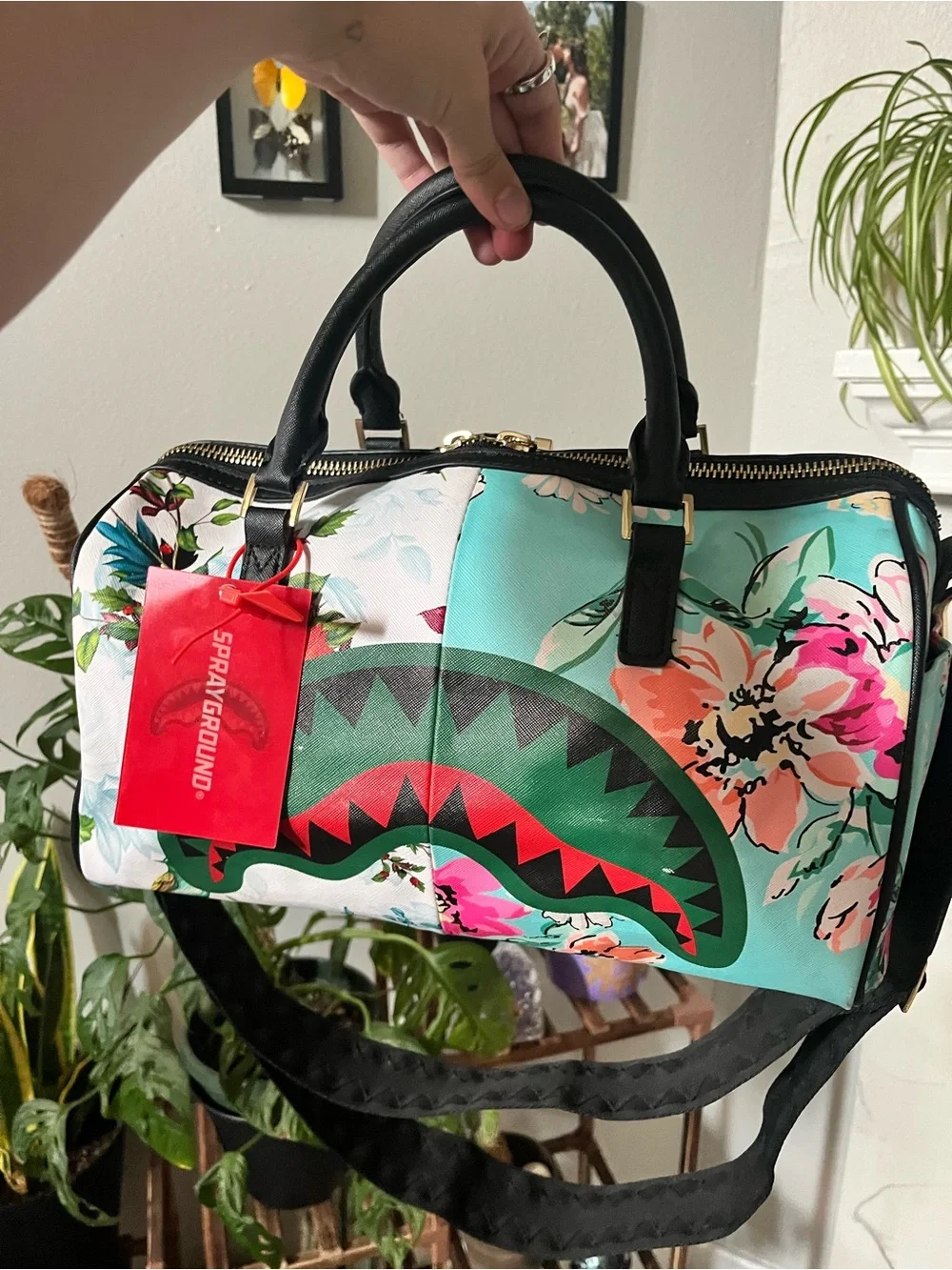 Sprayground Floral Shark Satchel in Teal, Black, Pink